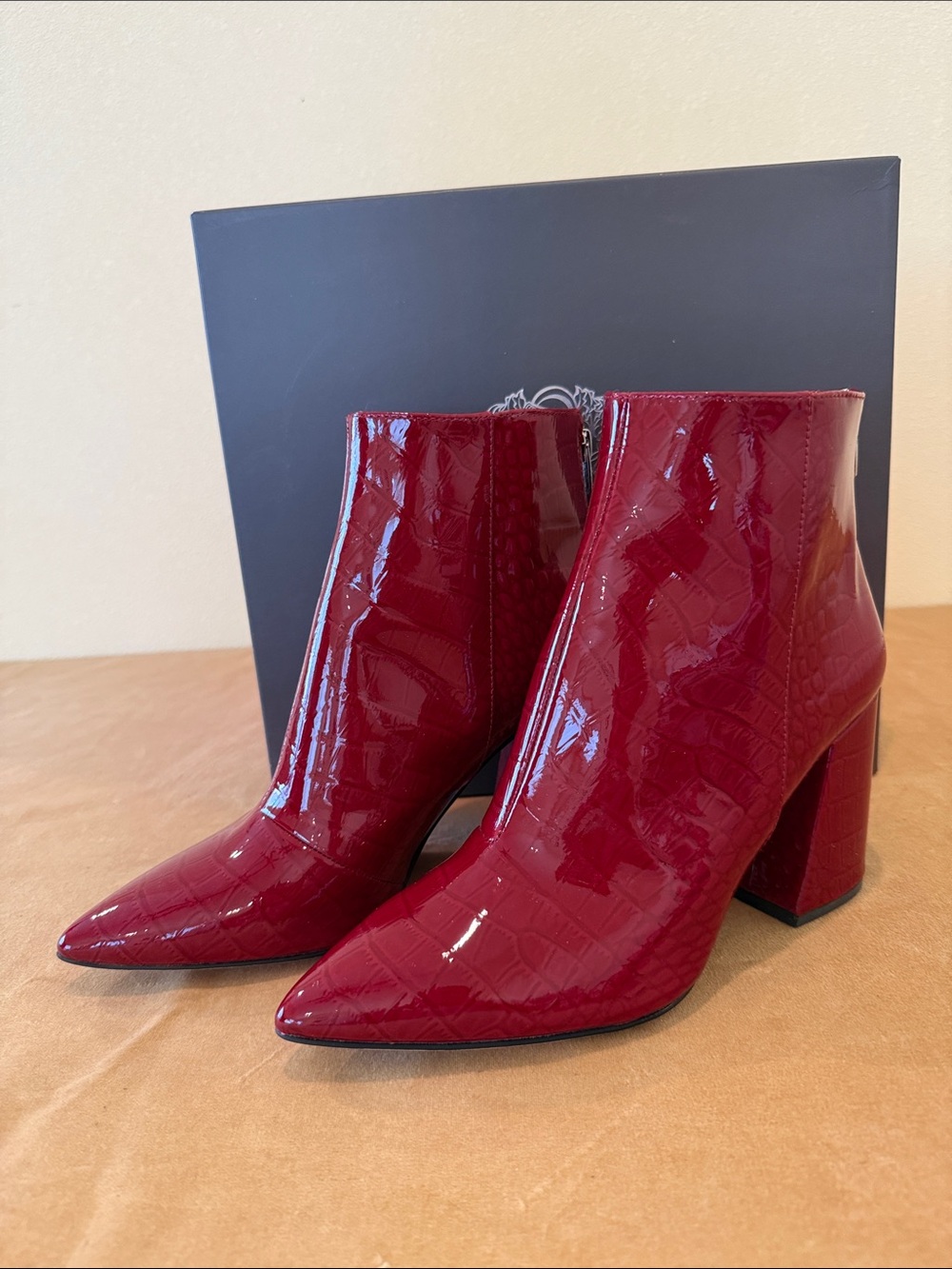 Vince Camuto Red Croc-Embossed Patent Leather Pointed Ankle Boots